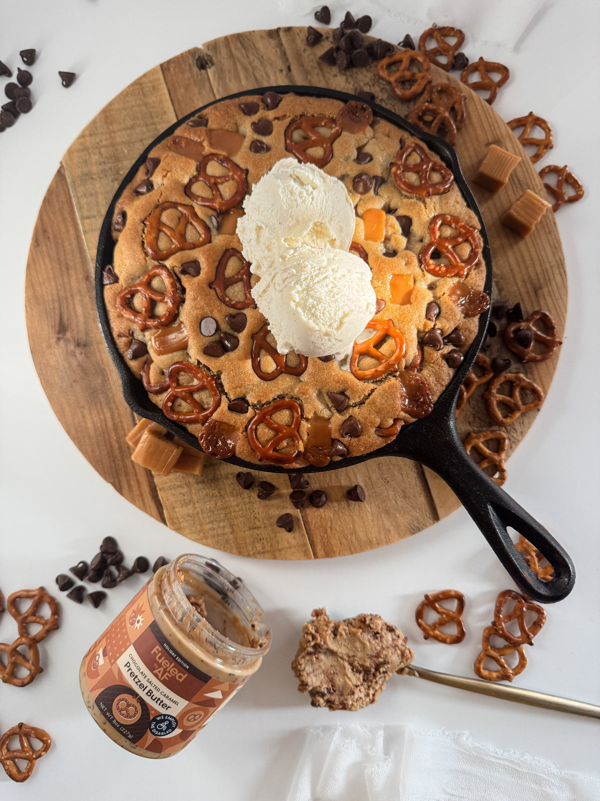 Kitchen Sink Chocolate Salted Caramel Pretzel Cookie Skillet | Fueled by AF
