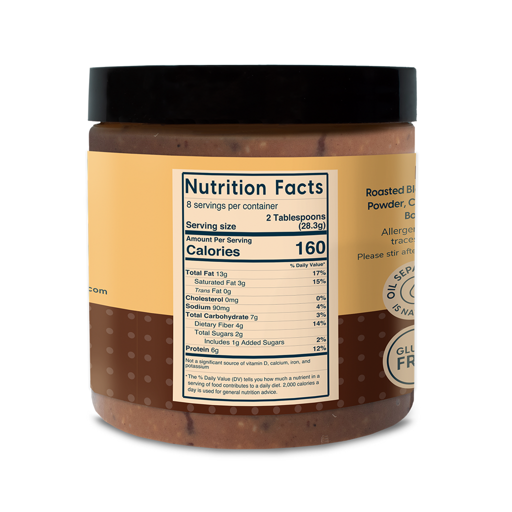 INGREDIENTS: ROASTED BLANCHED PEANUTS, SALT, COCOA POWDER, COCOA BUTTER, COCONUT SUGAR, BOURBON VANILLA BEANS, Nutrition Facts: 2 tablespoons (28 g) Calories: 160 Total Fat 13 grams Saturated Fat- 3 grams Trans Fat- 0 grams Sodium- 90 milligrams Total Carbs- 7 grams, Dietary Fiber-4 grams, Total Sugar- 2 gram, added sugar 1 gram, Protein 6 grams