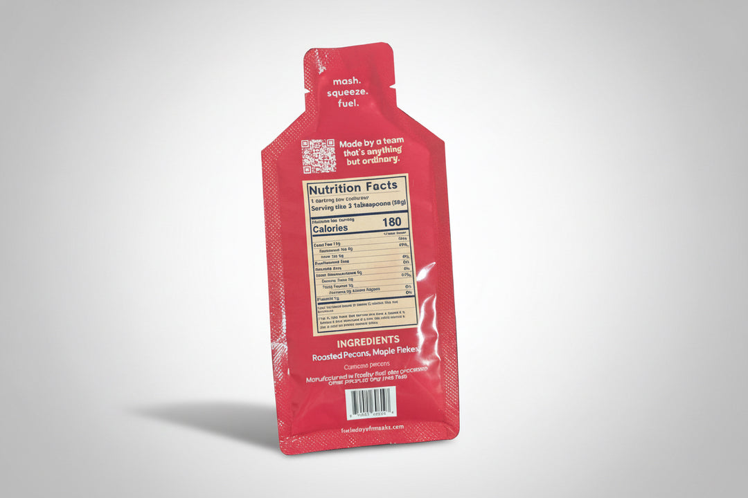 Red packet with nutritional label on a black surface