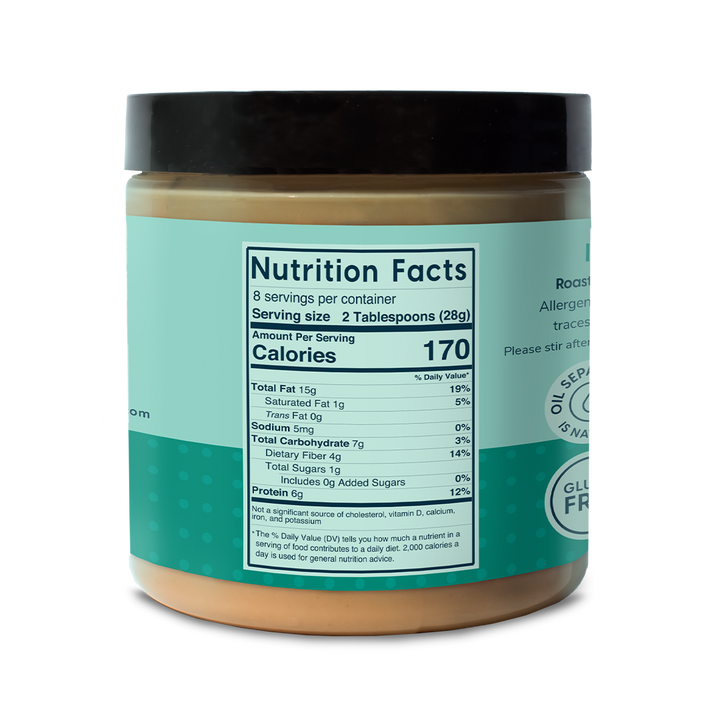 Ingredients: Blanched Roasted Almonds Nutrition Facts: 2 tablespoons (28 g) Calories: 170 Total Fat 15 grams Saturated Fat- 1 gram Trans Fat- 0 grams Sodium- 5 milligrams Total Carbs- 7 grams, Dietary Fiber-4 grams, Total Sugar- 1 gram No added sugars, Protein 6 grams 