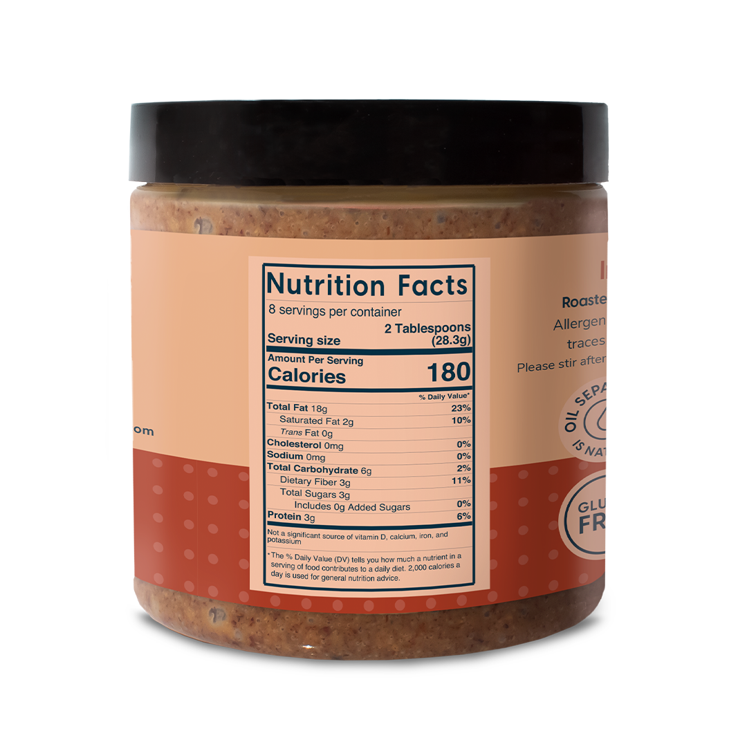Ingredients: Roasted Pecans, Maple Flakes Nutrition Facts: 2 tablespoons (28 g) Calories: 180 Total Fat 18 grams Saturated Fat- 2 grams Trans Fat- 0 grams Sodium- 0 milligrams Total Carbs- 6 grams, Dietary Fiber-3 grams, Total Sugar- 3 gram No added sugars, Protein 3 grams