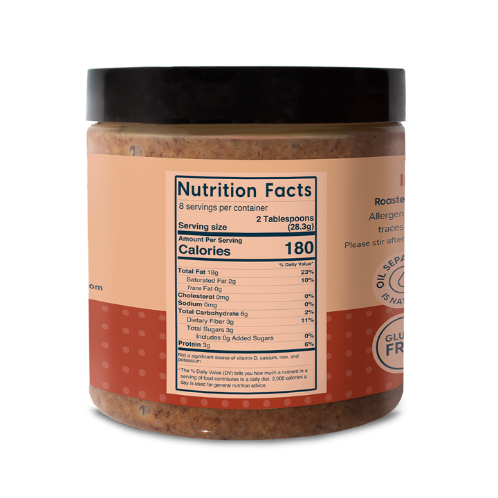 Ingredients: Roasted Pecans, Maple Flakes Nutrition Facts: 2 tablespoons (28 g) Calories: 180 Total Fat 18 grams Saturated Fat- 2 grams Trans Fat- 0 grams Sodium- 0 milligrams Total Carbs- 6 grams, Dietary Fiber-3 grams, Total Sugar- 3 gram No added sugars, Protein 3 grams