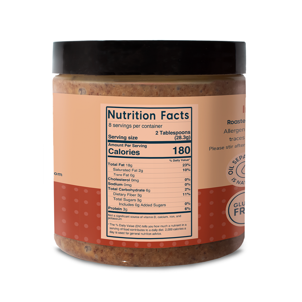 Ingredients: Roasted Pecans, Maple Flakes Nutrition Facts: 2 tablespoons (28 g) Calories: 180 Total Fat 18 grams Saturated Fat- 2 grams Trans Fat- 0 grams Sodium- 0 milligrams Total Carbs- 6 grams, Dietary Fiber-3 grams, Total Sugar- 3 gram No added sugars, Protein 3 grams