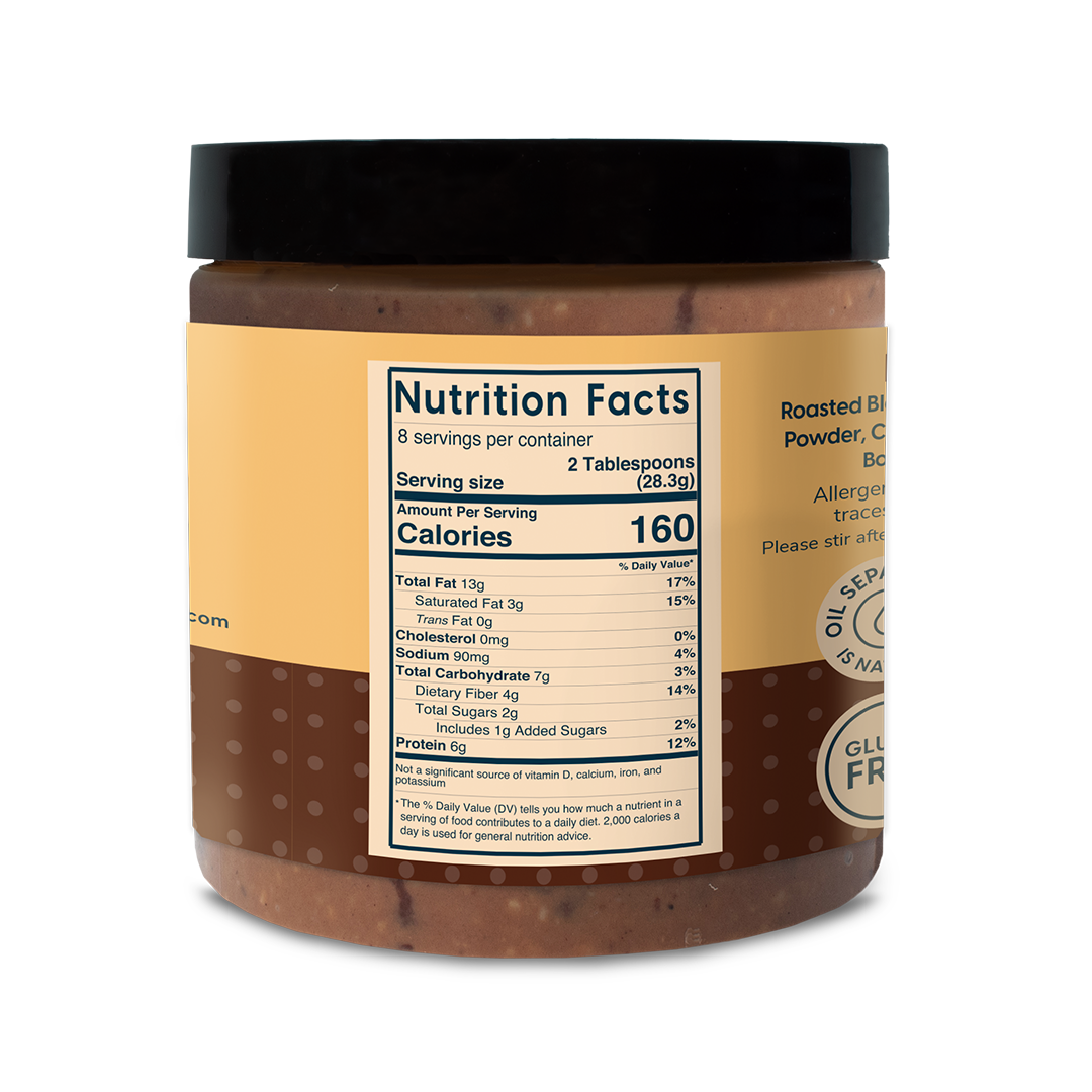 INGREDIENTS: ROASTED BLANCHED PEANUTS, SALT, COCOA POWDER, COCOA BUTTER, COCONUT SUGAR, BOURBON VANILLA BEANS, Nutrition Facts: 2 tablespoons (28 g) Calories: 160 Total Fat 13 grams Saturated Fat- 3 grams Trans Fat- 0 grams Sodium- 90 milligrams Total Carbs- 7 grams, Dietary Fiber-4 grams, Total Sugar- 2 gram, added sugar 1 gram, Protein 6 grams