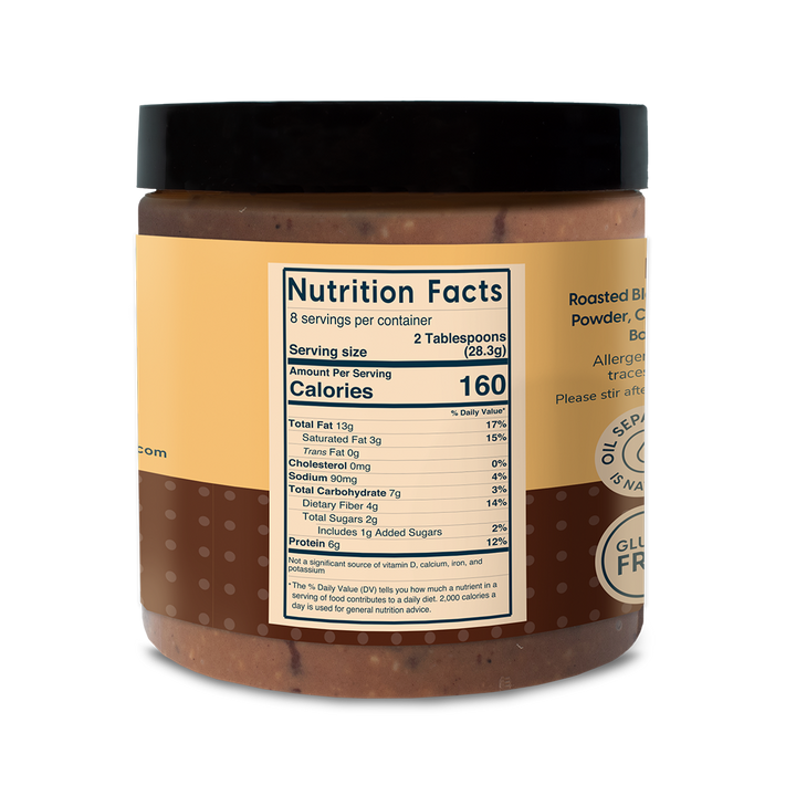 INGREDIENTS: ROASTED BLANCHED PEANUTS, SALT, COCOA POWDER, COCOA BUTTER, COCONUT SUGAR, BOURBON VANILLA BEANS, Nutrition Facts: 2 tablespoons (28 g) Calories: 160 Total Fat 13 grams Saturated Fat- 3 grams Trans Fat- 0 grams Sodium- 90 milligrams Total Carbs- 7 grams, Dietary Fiber-4 grams, Total Sugar- 2 gram, added sugar 1 gram, Protein 6 grams