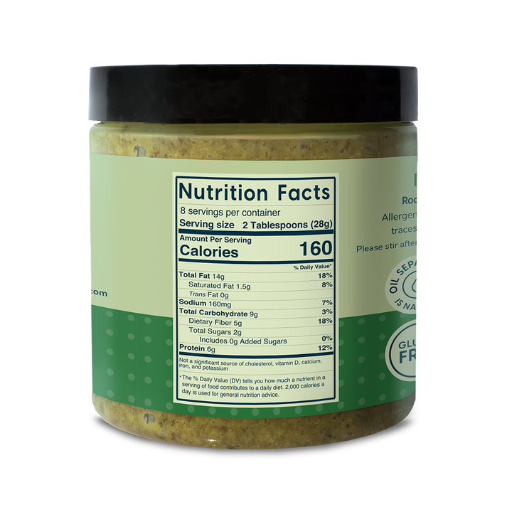 Ingredients- roasted pistachios, salt. Nutrition Facts: 2 tablespoons (28 g) Calories: 160 Total Fat 14 grams Saturated Fat- 1.5 grams Trans Fat- 0 grams Sodium- 160 milligrams Total Carbs- 9 grams, Dietary Fiber-5 grams, Total Sugar- 2 gram, no added sugars, Protein 6 grams