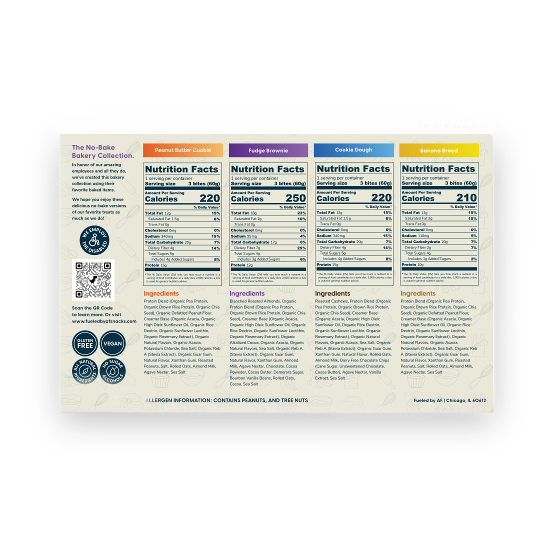 Back of no bake bakery box with nutrition facts and ingredients. See individual 3-count product pages for details.
