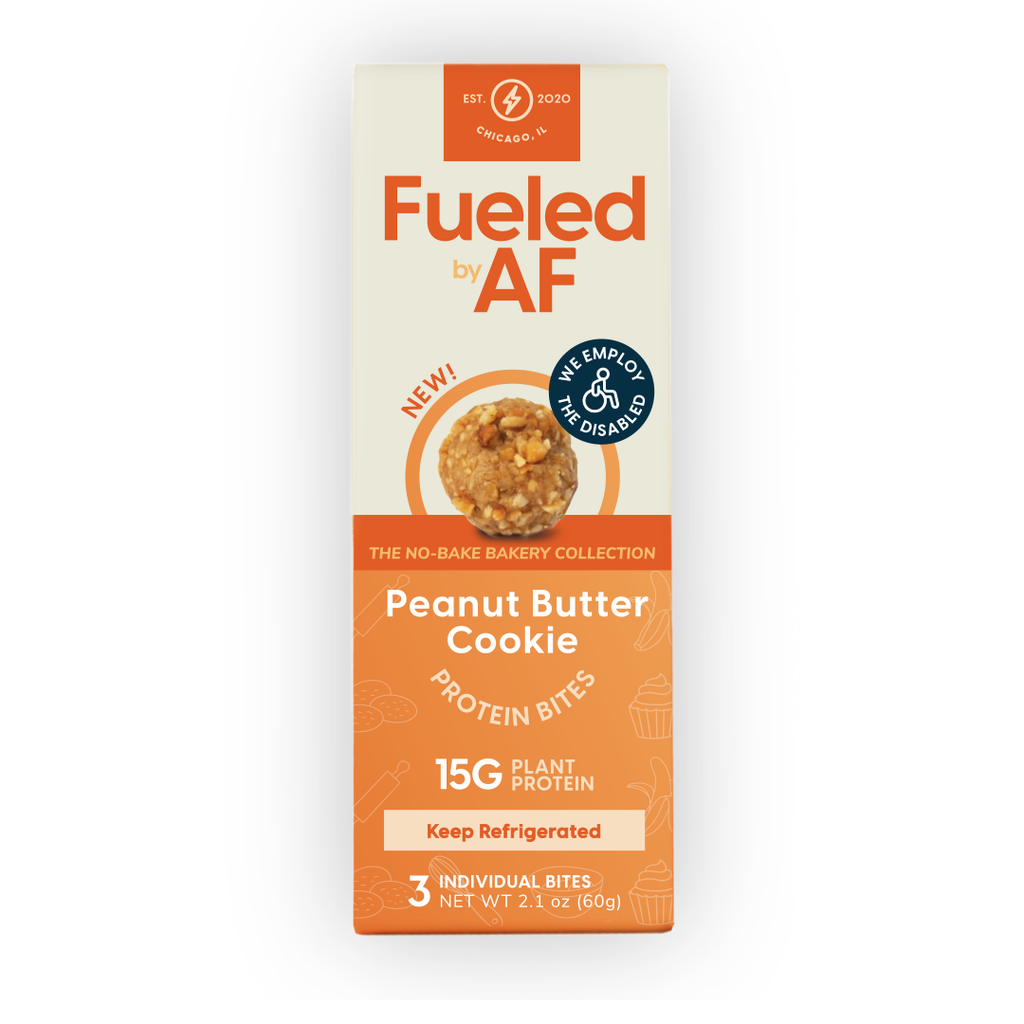 Front of Fueled by AF Peanut Butter Cookie Protein Bite 3-Count Box. Keep Refrigerated.